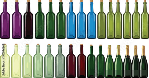 Colorful glass wine bottle collection featuring assorted beverage containers corked drink packaging cartoon vector illustration set