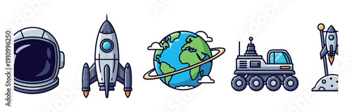Set of cartoon space exploration icons featuring an astronaut helmet, rocket ship, planet Earth, a lunar rover, and a spaceship launching from a moon in a simple, colorful vector style