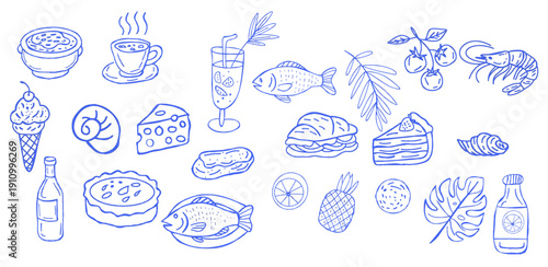 Food and drink doodles set hand drawn vector illustration flat design sketch icons