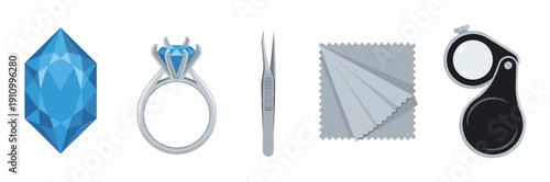 Jewelry tools and gemstone icon set with a blue diamond, silver ring, tweezers, polishing cloth, and a loupe, a flat vector illustration for gemology and appraisal concepts