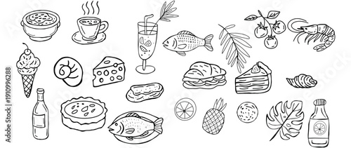 Hand drawn food and drink doodles set vector illustration flat design sketch
