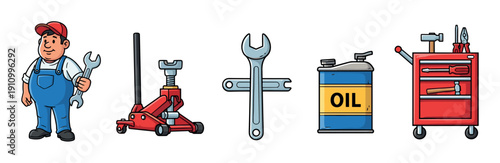 Collection of cartoon automotive service icons featuring a friendly mechanic, a red floor jack, wrenches, a can of motor oil, and a rolling tool chest with equipment