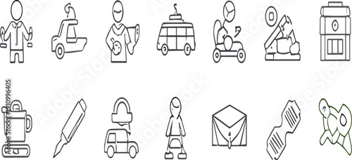 Minimal everyday activity and transportation line icons collection simple outline symbols vector illustration set