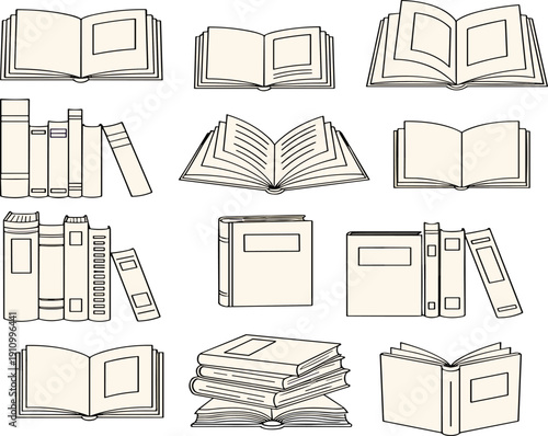 Open and closed books collection hand drawn library textbooks sketch vector illustration set