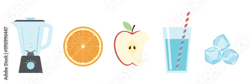 Collection of smoothie making ingredients and equipment including a blender, orange slice, bitten apple, a glass of juice with a straw, and ice cubes in a flat vector style