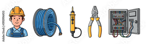 Animated illustration featuring an electrician, cable reel, voltage tester, pliers, and an electrical panel, presented in a cheerful, clean vector style