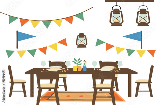 Outdoor dinner party setup flat vector illustration with table chairs lanterns bunting flags festive celebration decoration scene