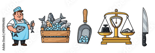 Friendly cartoon fishmonger and various seafood market elements are depicted in a vibrant, clean illustration, showcasing fresh fish, ice, a scale, and a knife, all essential for a fish shop
