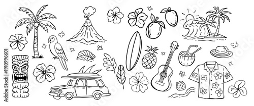 Tropical summer vacation elements flat design vector illustration set with travel icons