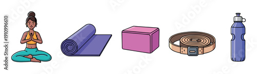 Collection of colorful yoga and fitness accessories including a meditating woman, a rolled mat, a block, a strap, and a water bottle, depicted in a cheerful cartoon style