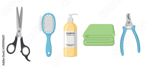 Five essential pet grooming tools are neatly arranged, including scissors, a brush, shampoo, a towel, and nail clippers, presented in a clean, flat vector illustration style