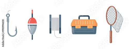 Collection of fishing tackle equipment icons including a hook, float, line, tackle box, and net, illustrated in a simple flat cartoon vector style for hobby or sport