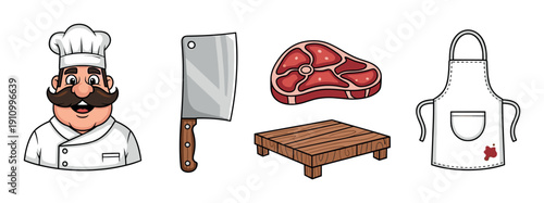 Collection of colorful cartoon butchery icons featuring a friendly chef, a sharp meat cleaver, a fresh T-bone steak, a wooden cutting block, and a white apron