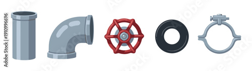 Collection of various plumbing pipe fittings and equipment including a straight pipe, elbow joint, red valve, rubber gasket, and metal clamp in a flat cartoon illustration style
