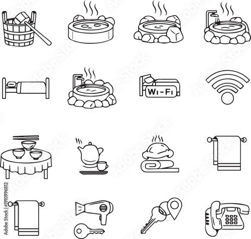 Japanese Ryokan and Onsen Line Icon Set: Traditional Hot Spring, Hotel Amenities, and Spa Services Vector Illustrations