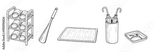 Collection of hand-drawn entryway accessories including a shoe rack with slippers, a shoehorn, doormat, umbrella stand, and key tray in a detailed black and white sketch illustration