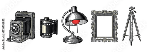 Collection of vintage photography gear with a bellows camera, film, red safelight, picture frame, and tripod, illustrated in a classic hand-drawn engraving style