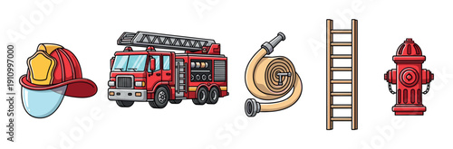 Colorful collection of cartoon firefighting equipment icons featuring a red fire engine, helmet, rolled hose, wooden ladder, and a hydrant in a simple comic book style