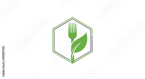 Healthy Food Logo Depicting A Fork And A Leaf Inside Hexagonal Frame Design
