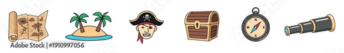 Set of six colorful cartoon pirate icons with a treasure map, tropical island, captain, chest, compass, and spyglass in a playful illustrated style for an adventure theme