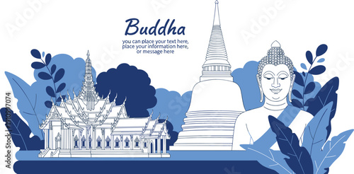 Traditional Thai temple landscape with Buddha statue and stupa for Thailand tourism and spiritual concept.
