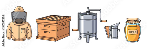 Beekeeping equipment and honey jar illustration set showing a protective suit, wooden beehive, extractor, smoker, and sweet organic product in a cartoon style