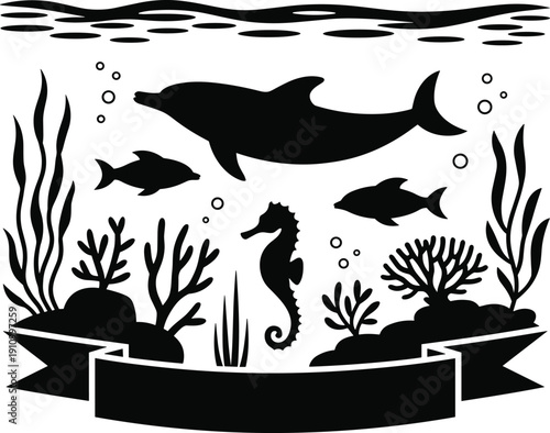 Underwater dolphin silhouette illustration, fish seahorse coral vector, black and white minimal ocean design, marine life art for projects