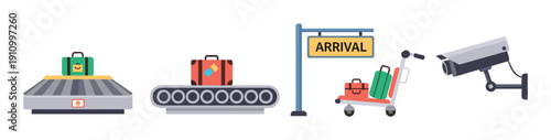 Set of four airport travel icons showing baggage claim, a conveyor belt, a luggage cart with an arrival sign, and a security camera in a flat vector illustration style