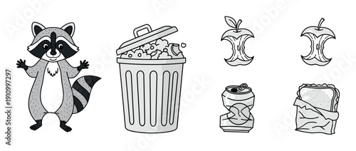 Black and white cartoon illustration set featuring a cute raccoon, an overflowing trash can, apple cores, a crushed can, and a sandwich in a simple doodle line art style