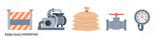 Collection of industrial and construction equipment icons including a barrier, water pump, sandbags, pipe valve, and pressure gauge in a flat vector illustration style