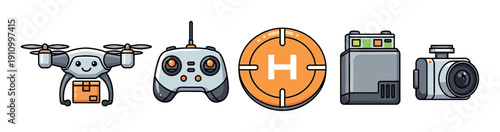 Set of cute cartoon drone equipment icons including a quadcopter, remote controller, landing pad, battery, and camera in a modern flat illustration style