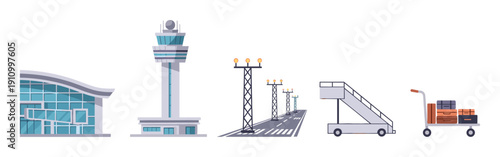 Set of airport themed vector illustrations including a terminal building, control tower, runway lights, passenger stairs, and a luggage cart with suitcases in a flat cartoon style