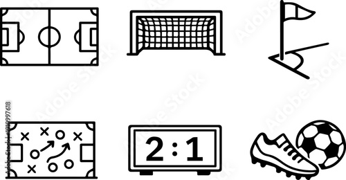 Football match and soccer equipment icons
