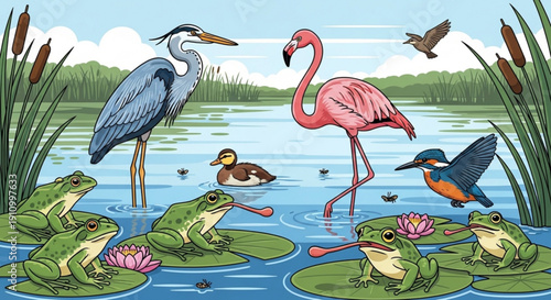 Frogs on lily pads with birds and duck in serene pond landscape