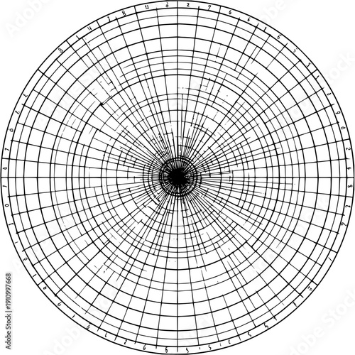Circular grid with radial lines and numbered axis for technical drawing or data visualization usage