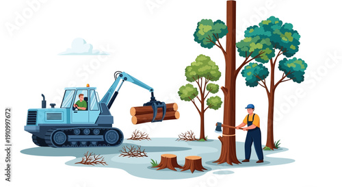 Worker cuts down a tree with an axe in a forest, while an excavator with logs approaches. Surrounding are stumps and green trees.