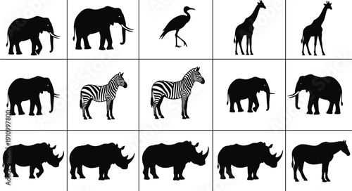 African safari animal silhouettes set, featuring elephants, zebras, giraffes, rhinoceros, and birds for wildlife conservation, nature, zoo, and wilderness travel design.