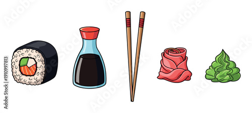 Colorful cartoon sushi set with maki roll, soy sauce, chopsticks, pickled ginger, and wasabi paste arranged in a row, a detailed vector illustration for Asian cuisine concepts