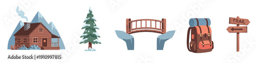 Set of winter hiking and camping illustrations with a log cabin, snowy pine tree, backpack, wooden bridge, and trail sign for outdoor adventure concepts