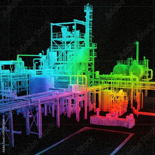 Point cloud image of an industrial facility with factory buildings and pipes. Digital scan with vibrant gradient colors for engineering visualization.
