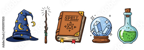 Set of cartoon magic wizard items including a pointed hat, a glowing wand, a spell book, a crystal ball, and a green potion bottle, illustrated in a colorful doodle style