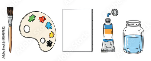 Hand-drawn art supplies set with a paintbrush, colorful palette, blank sketchbook, paint tube, and a glass jar of water, illustrated in a simple cartoon line art style