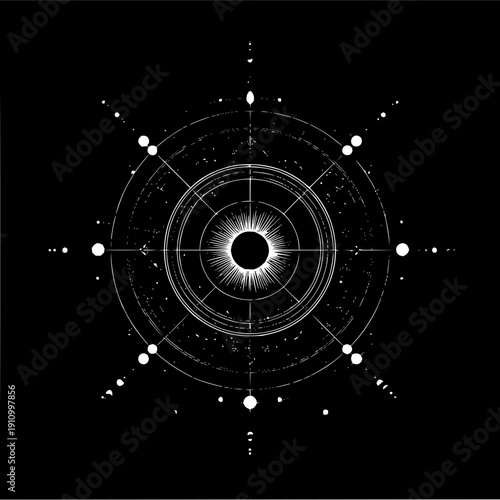 Abstract celestial eye with cosmic elements and radial symmetry design in black and white scheme