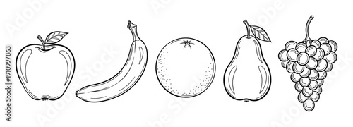 Set of hand-drawn black line fruits including an apple, banana, orange, pear, and grapes arranged in a simple row in a clean, minimalist sketch or doodle style illustration