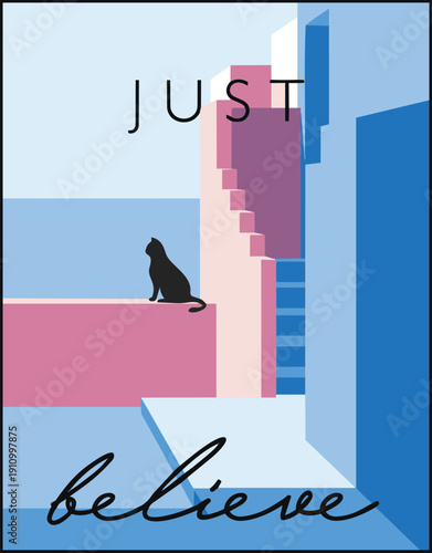 Minimalist flat graphic, black cat silhouette and architectural landscape, inspirational quotes in pastel tones. Graphic tee