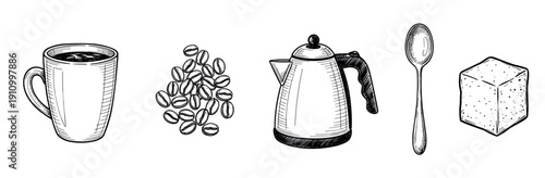 Hand-drawn coffee making elements set with a mug, beans, pot, spoon, and sugar cube in a vintage black and white sketch style illustration for a cafe or restaurant menu