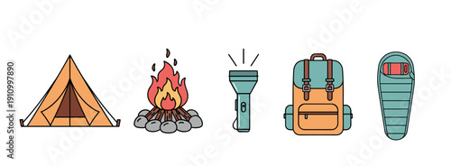 Set of colorful camping equipment icons including a tent, campfire, flashlight, backpack, and sleeping bag in a minimalist line art vector style for outdoor adventure themes
