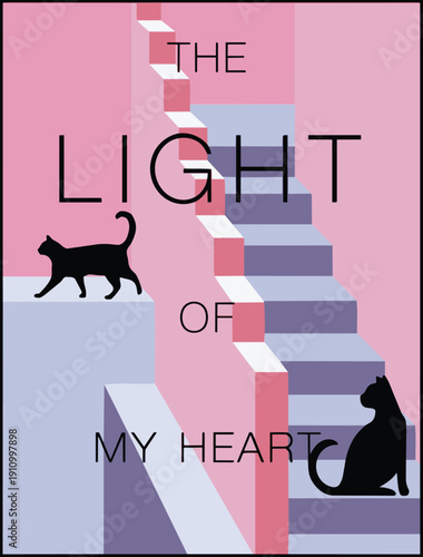 Minimalist flat graphic, black cat silhouette and architectural landscape, inspirational quotes in pastel tones. Graphic tee