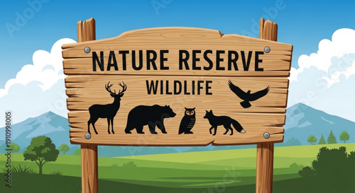 Nature reserve wildlife sign with animals in scenic landscape