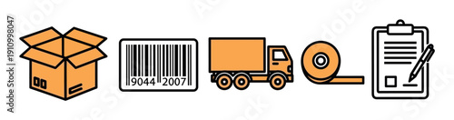 Set of logistics and shipping icons featuring a cardboard box, barcode, delivery truck, packing tape, and a clipboard, illustrating e-commerce and supply chain concepts